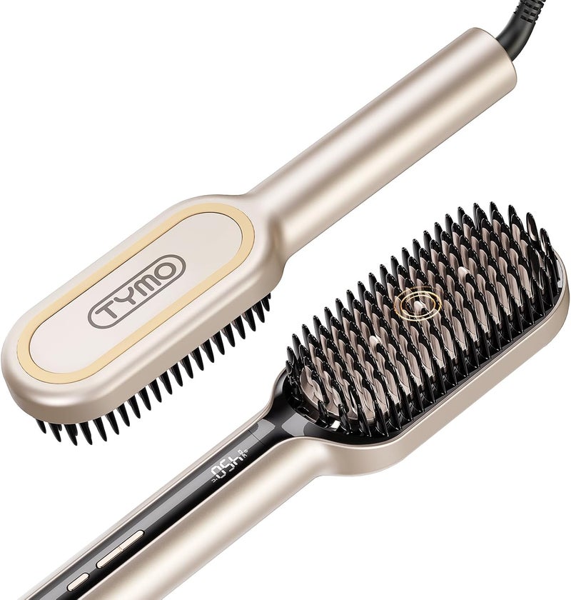 TYMO Hair Straightener Brush - Upgraded Ionic Plus Straightening Brush with Dense Bristles, 16 Temps, Dual Voltage | Ceramic Hot Comb for Women | Flat Iron for Thick Curly Hair, Gold - Image 1